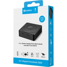 УМБ Sandberg Magnetic Wireless 5000mAh 20W PD, 2xUSB-C, QI-15W for Apple watch and Airpods