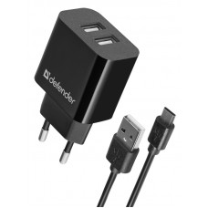 Зарядний пристрій 2xUSB 12W 2.1A UPC-21 +кабель microUSB, чорний Defender