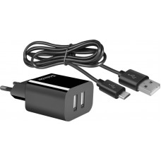 Зарядний пристрій 2xUSB 12W 2.1A UPC-21 +кабель microUSB, чорний Defender