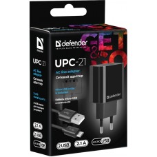 Зарядний пристрій 2xUSB 12W 2.1A UPC-21 +кабель microUSB, чорний Defender