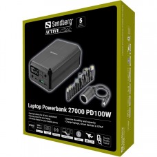 УМБ Sandberg 27000mAh Laptop DC12–24v 84W,100W PD, QC3.0, USB-A, 2xDC, 2xUSB-C, QI-10W, PowerThru