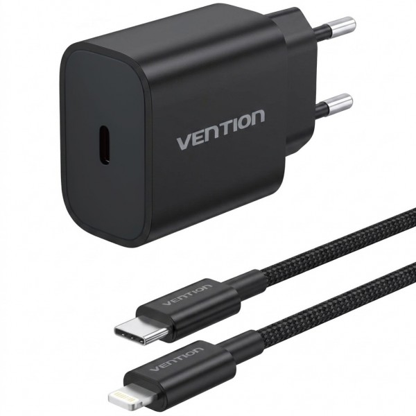 Зарядний пристрій 1xUSB-C 20W + USB-C to Lightning cable М-М  Black Vention