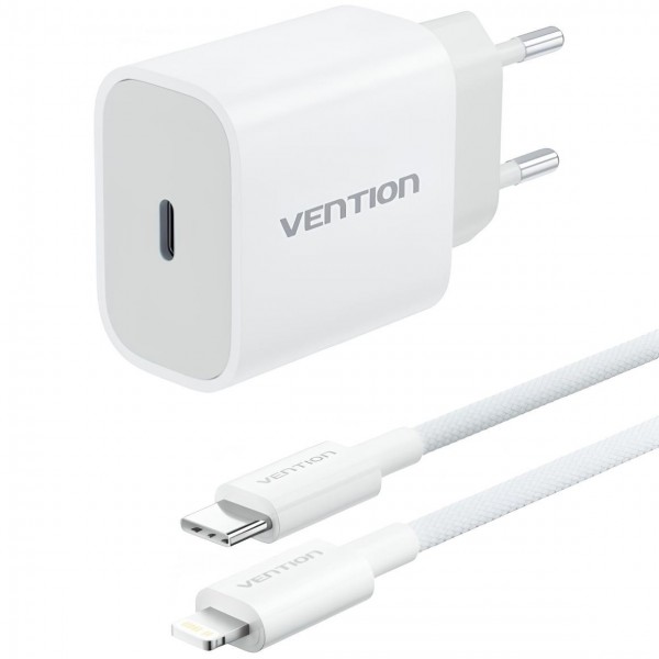 Зарядний пристрій 1xUSB-C 20W + USB-C to Lightning cable М-М White Vention
