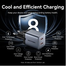 Зарядний пристрій 2xUSB 45W (2xUSB-C) PD3.0 QC, GaN + USB-C cable М-М чорний Vention
