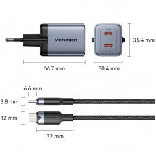 Зарядний пристрій 2xUSB 45W (2xUSB-C) PD3.0 QC, GaN + USB-C cable М-М чорний Vention
