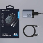 Зарядний пристрій 2xUSB 45W (2xUSB-C) PD3.0 QC, GaN + USB-C cable М-М чорний Vention Зарядний пристрій 2xUSB 45W (2xUSB-C) PD3.0 QC, GaN + USB-C cable М-М чорний Vention