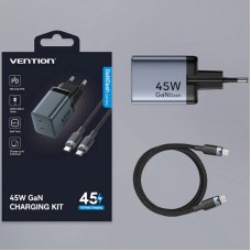 Зарядний пристрій 2xUSB 45W (2xUSB-C) PD3.0 QC, GaN + USB-C cable М-М чорний Vention