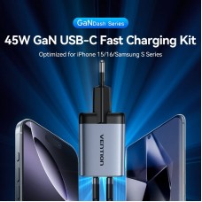 Зарядний пристрій 2xUSB 45W (2xUSB-C) PD3.0 QC, GaN + USB-C cable М-М чорний Vention