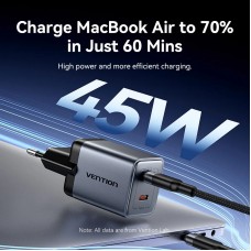 Зарядний пристрій 2xUSB 45W (2xUSB-C) PD3.0 QC, GaN + USB-C cable М-М чорний Vention