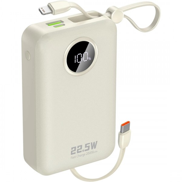 УМБ Dudao 20000mAh K14+ 22,5W PD,QC USB-A,USB-C In/Out,with built-in USB-C/Lightning cables White