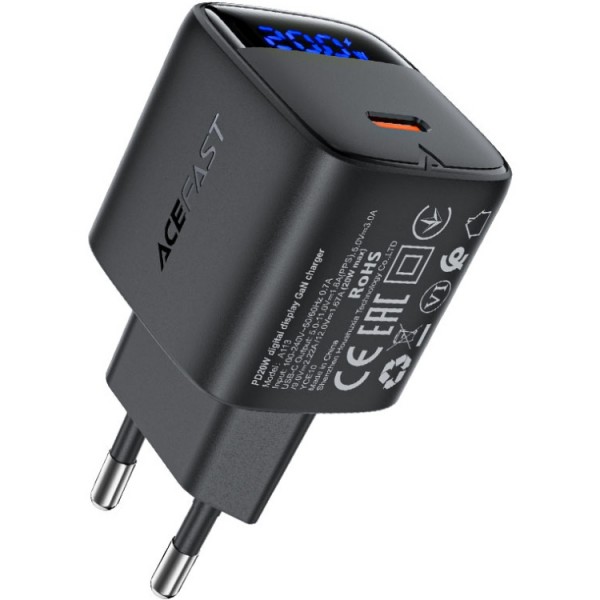 Зарядний пристрій 1xUSB-C 20W Gan A113 Fast Charger + USB-C cable with digital display black Acefast (6974316284420)