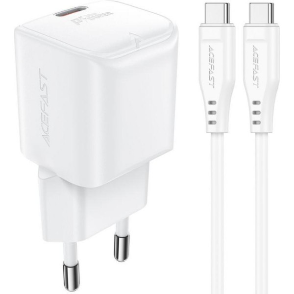 Зарядний пристрій 1xUSB-C 30W Gan A77 mini + USB-C cable Fast Charger White Acefast (6974316282853)