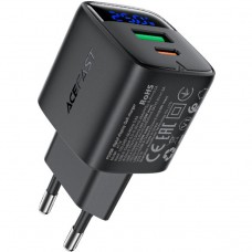 Зарядний пристрій 2xUSB 25W (USB-C+USB-A) with digital display Gan A114 Black Acefast (6974316284437)