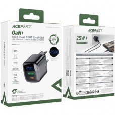 Зарядний пристрій 2xUSB 25W (USB-C+USB-A) with digital display Gan A114 Black Acefast (6974316284437)