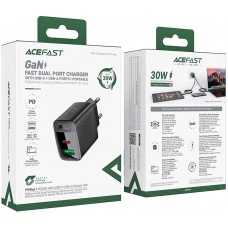 Зарядний пристрій 2xUSB 30W (USB-C+USB-A) Gan A98 Black Acefast (6974316283263)