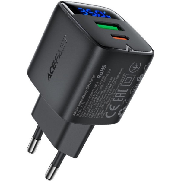 Зарядний пристрій 2xUSB 35W (USB-C+USB-A) with digital display Gan A116 Black Acefast (6974316284468)