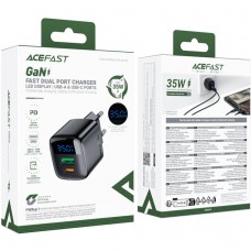 Зарядний пристрій 2xUSB 35W (USB-C+USB-A) with digital display Gan A116 Black Acefast (6974316284468)
