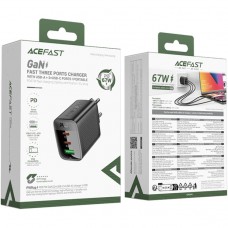 Зарядний пристрій 3xUSB 67W (2xUSB-C+USB-A) Gan A108 Fast Charger Black Acefast (6974316284048)