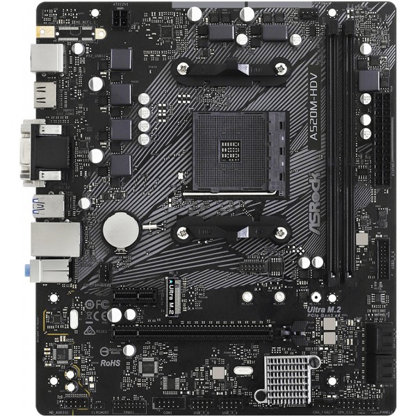 ASRock A520M-HDV (AM4/A520, 2*DDR4, PCIex16, D-Sub/DVI-D/HDMI, 4xSATAІІІ, M.2, GLan, 8ch, mATX) (A520M-HDV)