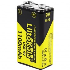 Акумулятор 6F22 Крона, 9V, 1100 mAh, Li-ion, вбуд зарядне USB (Type-C), LiitoKala (USB-9V)