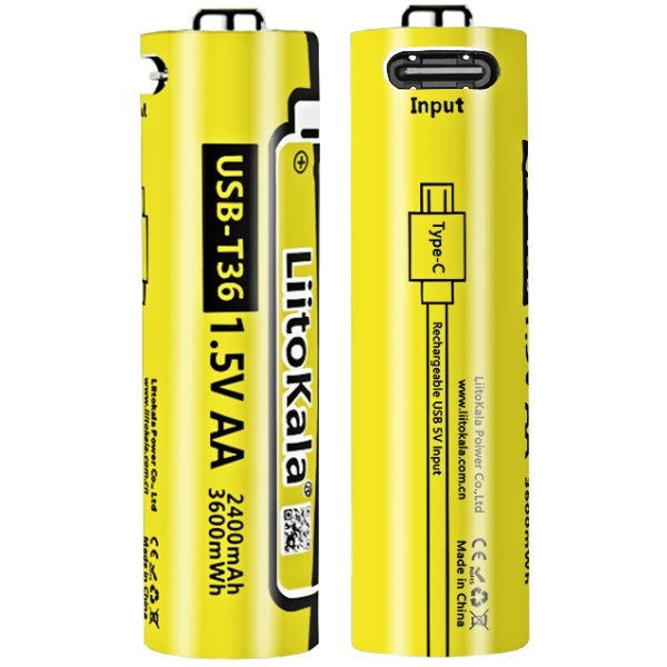 Акумулятор AA 2400 mAh/3600 mWh, 1.5V Li-ion, вбуд зарядне USB (Type-C), LiitoKala (USB-T36 1.5V AA)
