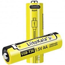 Акумулятор AA 2400 mAh/3600 mWh, 1.5V Li-ion, вбуд зарядне USB (Type-C), LiitoKala (USB-T36 1.5V AA)
