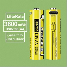 Акумулятор AA 2400 mAh/3600 mWh, 1.5V Li-ion, вбуд зарядне USB (Type-C), LiitoKala (USB-T36 1.5V AA)