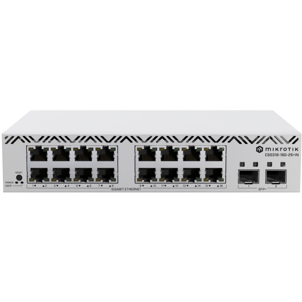 Комутатор Mikrotik CSS318-16G-2S+IN, 16x Gigabit Ethernet ports, 2x 10G SFP+ ports, 16 MB FLASH, SwO (CSS318-16G-2S+IN)