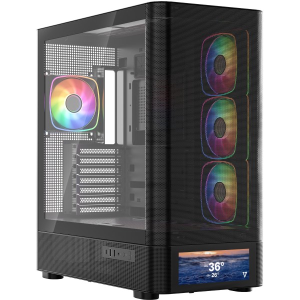 Корпус Modecom VOLCANO AQ500 ARGB MIDI FRONT LCD 6,2”, 4x120mm fans BLACK без БЖ ATX (MC-A-AQ500-4FA-B)