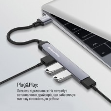 Хаб USB 3.0 -&gt 2xUSB 2.0+1xUSB 3.0+1xUSB-C Grey ColorWay (CW-HUB05)