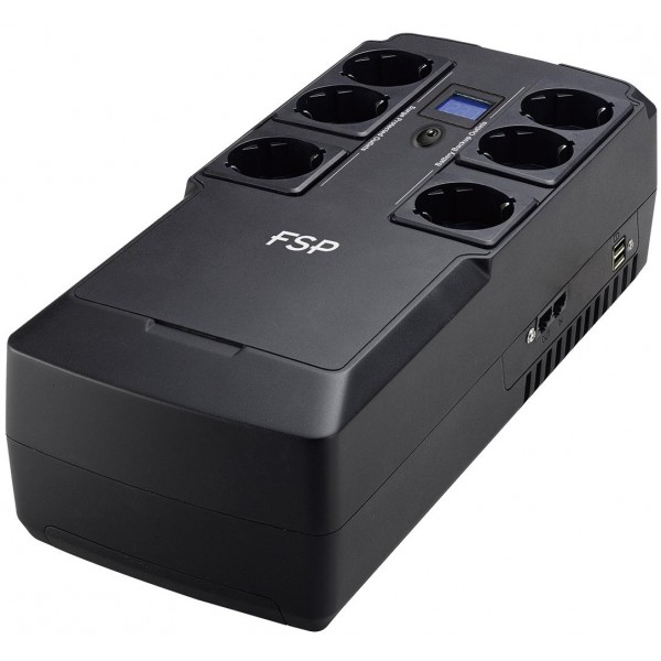 ДБЖ FSP NanoFit 800, 800ВА/480Вт, LCD, Schuko*6, USB +2хUSB для зарядки 5V/1A(Max.), AVR, RJ45 (PPF4801704)