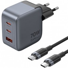 Зарядний пристрій 3xUSB 70W GaN (2хUSB-C+USB-A) + USB-C cable М-М Black Vention (TZ-FEXH0-EU)