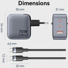 Зарядний пристрій 3xUSB 70W GaN (2хUSB-C+USB-A) + USB-C cable М-М Black Vention (TZ-FEXH0-EU)