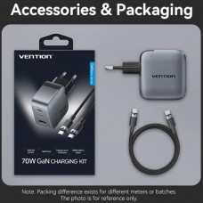 Зарядний пристрій 3xUSB 70W GaN (2хUSB-C+USB-A) + USB-C cable М-М Black Vention (TZ-FEXH0-EU)