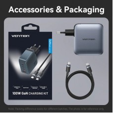 Зарядний пристрій 4xUSB 100W GaN (3хUSB-C+USB-A) + USB-C cable М-М Black Vention (TZ-FETH0-EU)