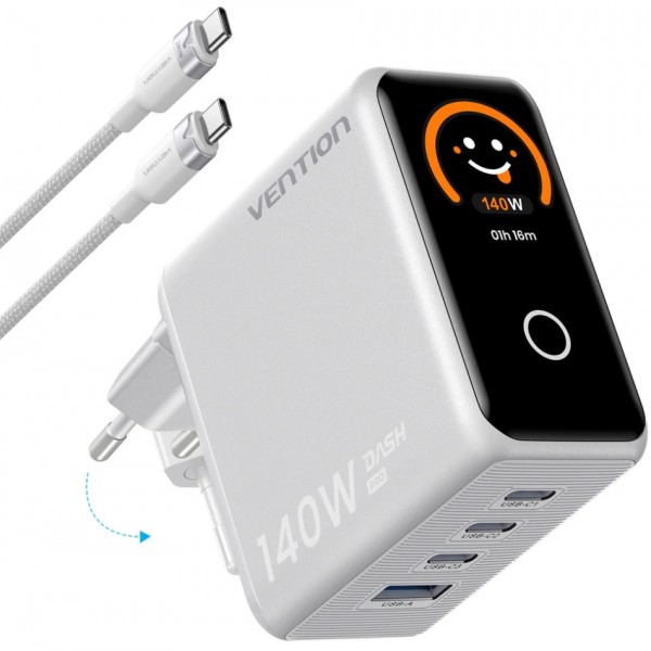Зарядний пристрій 4xUSB 140W GaN (3хUSB-C+USB-A) + USB-C cable М-М White Vention (TZ-FCOI0-EU)