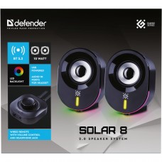Акустична система 2.0 Defender Solar 8, 10Вт, Bluetooth, RGB підсвітка, USB, чорна