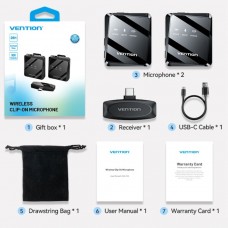 Бездротовий подвійний петличний мікрофон Vention USB-C 2-Pack Wireless Lavalier Black (NCBB0)