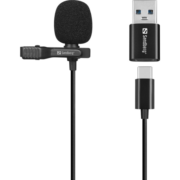 Мікрофон петличний Sandberg Streamer USB Clip USB-A/USB-C провідний кабель 3м Black (126-40)