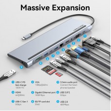 Док-станція USB3.1 Type-C HDMI 4K30Hz/VGA/USB3.0x3/RJ45/SD/TF/TRRS 3.5mm/PD 100W Vention 11in1 (THTHC)