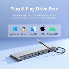 Док-станція USB3.1 Type-C HDMI 4K30Hz/VGA/USB3.0x3/RJ45/SD/TF/TRRS 3.5mm/PD 100W Vention 11in1 (THTHC)
