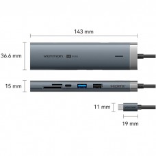Док-станція USB3.2 Type-C HDMI 4K60Hz/USB 3.0x2/RJ45/SD/TF/3.5mm/PD 100W Hub 9-in-1 Vention (TGVHB)