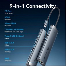Док-станція USB3.2 Type-C HDMI 4K60Hz/USB 3.0x2/RJ45/SD/TF/3.5mm/PD 100W Hub 9-in-1 Vention (TGVHB)