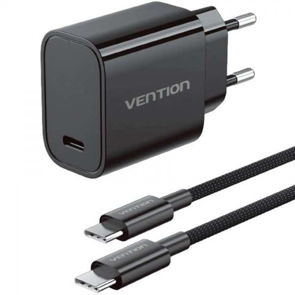 Зарядний пристрій 1xUSB-C 30W + USB-C cable М-М Black Vention (G18B0-EU)
