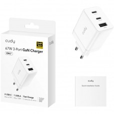 Зарядний пристрій 3xUSB 67W (GaN 1хUSB-C QC+PD 3.0 вилка ЄС для iPhone 12) Cudy (CH67)
