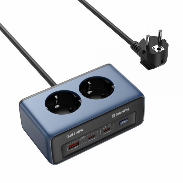 Фільтр живлення ColorWay CW-CHE25PDB 45W 2 розетки, 1xUSB-A 2xUSB-C, 2 м, синій (CW-CHE25PDB)