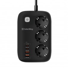 Фільтр живлення ColorWay CW-CHE34PDB GaN3 Pro PD 65W (2USB-A + 2 TYPE-C) 3 розетки, 4 USB, 2 м, чорний (CW-CHE34PDB)