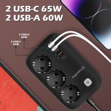 Фільтр живлення ColorWay CW-CHE34PDB GaN3 Pro PD 65W (2USB-A + 2 TYPE-C) 3 розетки, 4 USB, 2 м, чорний (CW-CHE34PDB)