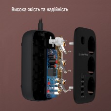 Фільтр живлення ColorWay CW-CHE34PDB GaN3 Pro PD 65W (2USB-A + 2 TYPE-C) 3 розетки, 4 USB, 2 м, чорний (CW-CHE34PDB)