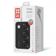 Фільтр живлення ColorWay CW-CHE36PDB 20W (3 USB-A + 3 TYPE-C) 3 розетки, 6 USB, 2 м, чорний (CW-CHE36PDB)